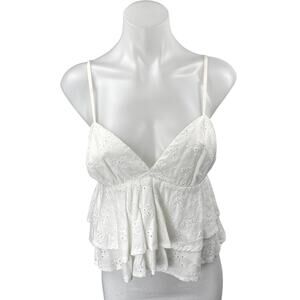 Ocean Drive White Sleeveless V Neck Ruffle Tiered Embroidery Peplum Blouse Top M